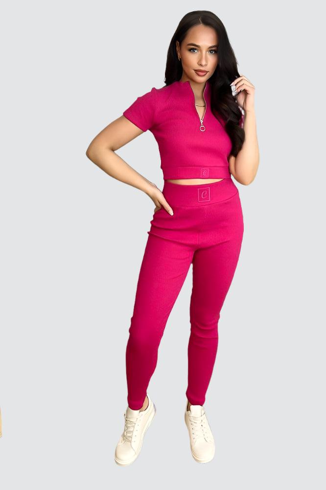 Cotton Blend Pull Ring Zip Crop Top And Trousers Set-SinglePrice