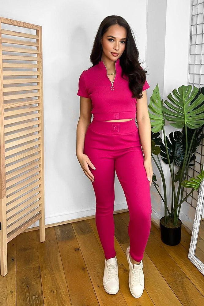 Cotton Blend Pull Ring Zip Crop Top And Trousers Set-SinglePrice