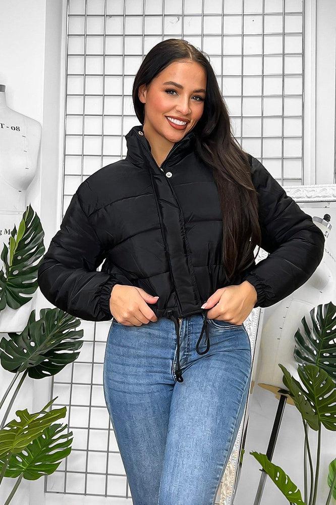 Drawstring Hem High Neck Cropped Puffer Jacket-SinglePrice