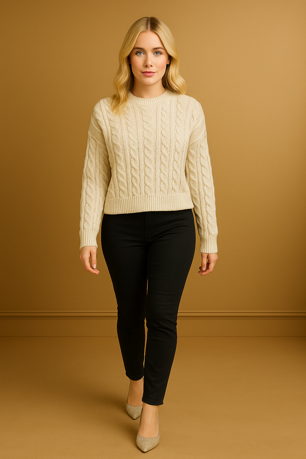 Fluffy Cable Knit Crew Neck Pullover