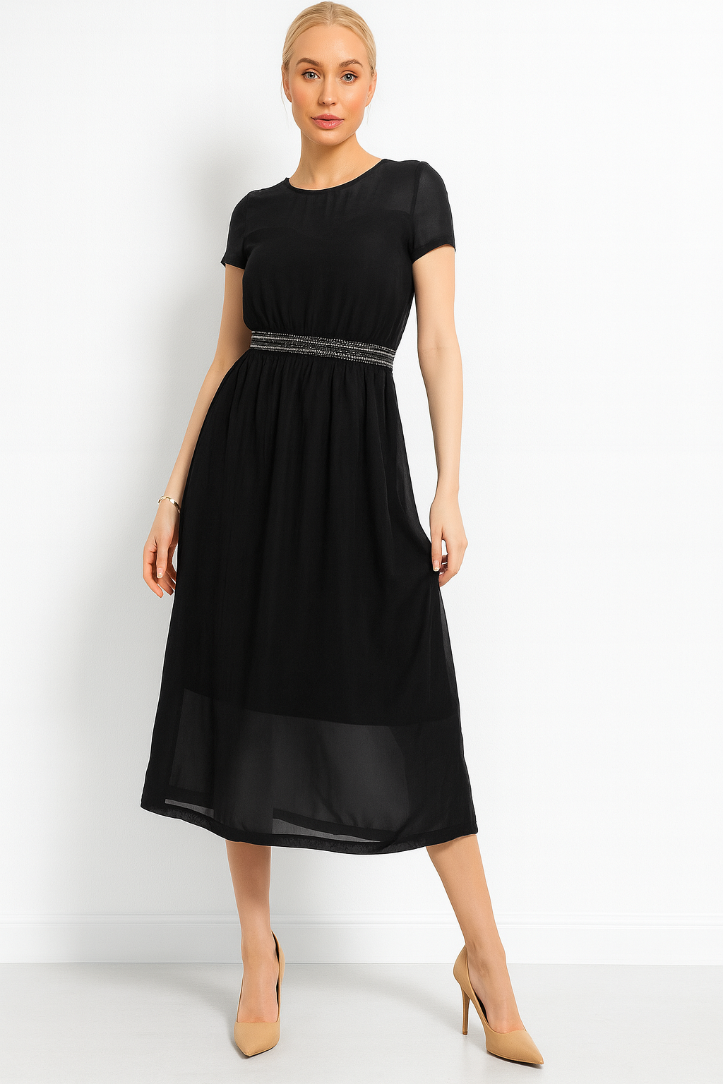 Beaded Waist Chiffon Sweetheart Dress