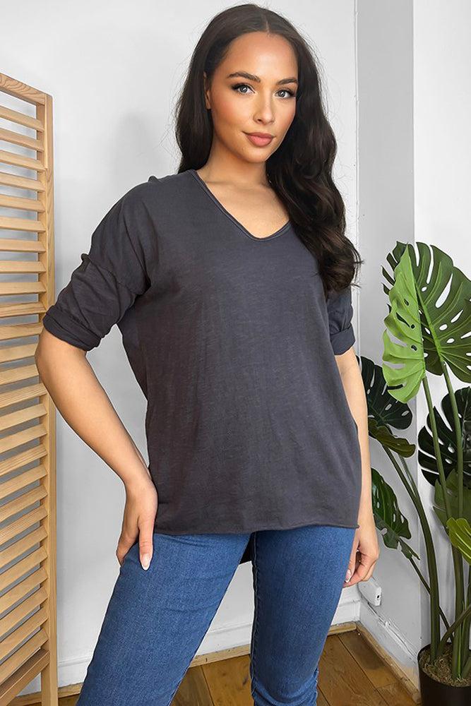 Dark Grey 100% Cotton V-Neck Lazy Fit Blouse-SinglePrice