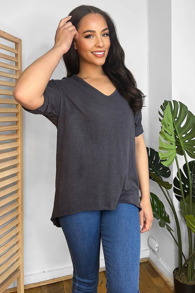 Dark Grey 100% Cotton V-Neck Lazy Fit Blouse-SinglePrice