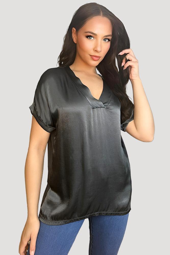 V-Neck Satin Front Short Sleeve Blouse-SinglePrice