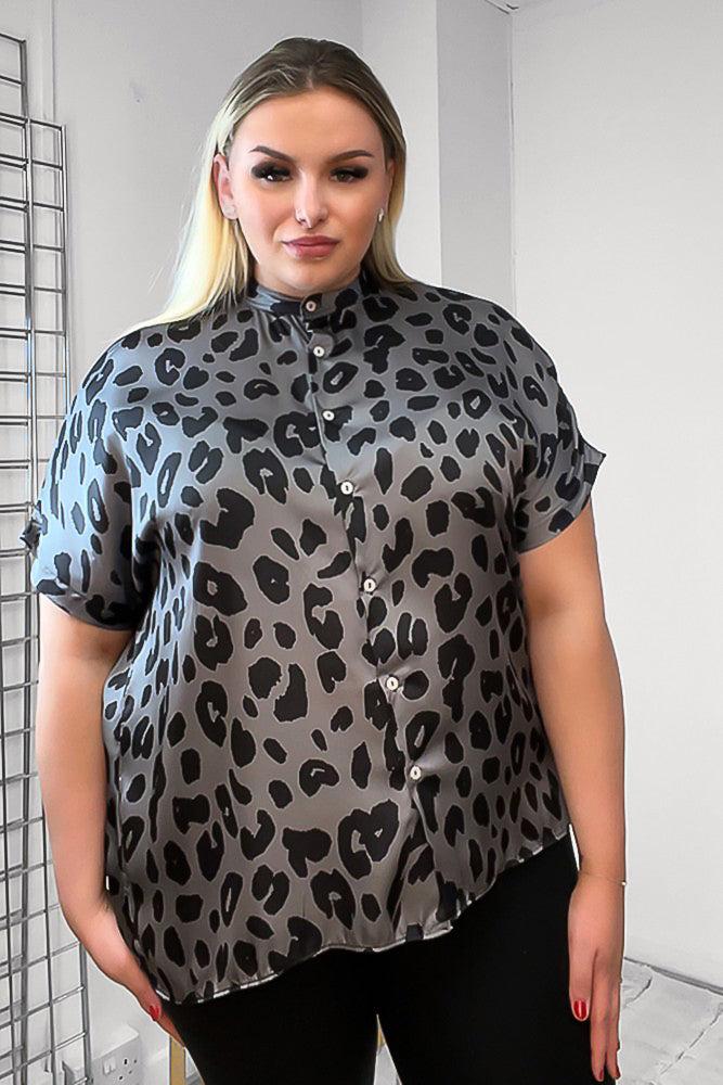 Dark Grey Leopard Print Satin Shirt-SinglePrice