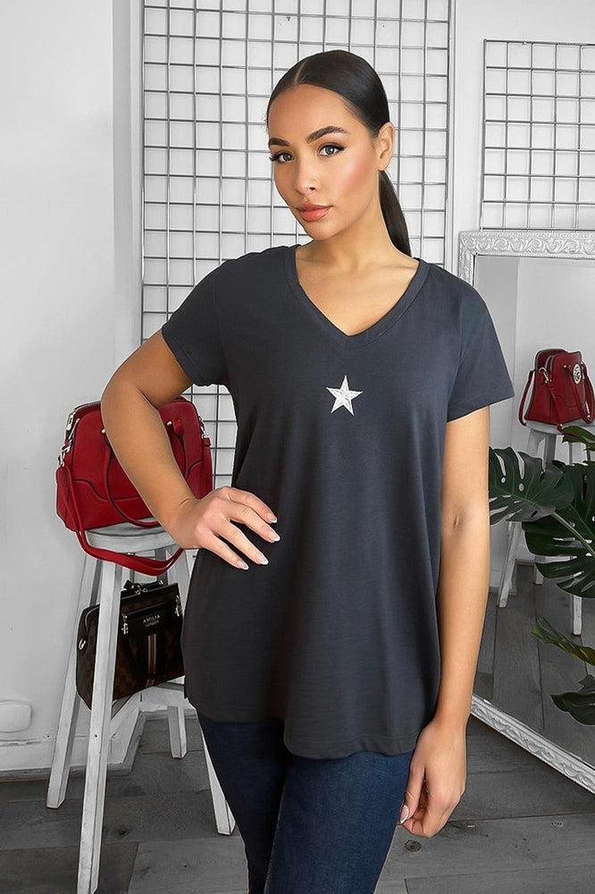 Cotton Blend V-Neck Star Embellishment T-Shirt-SinglePrice