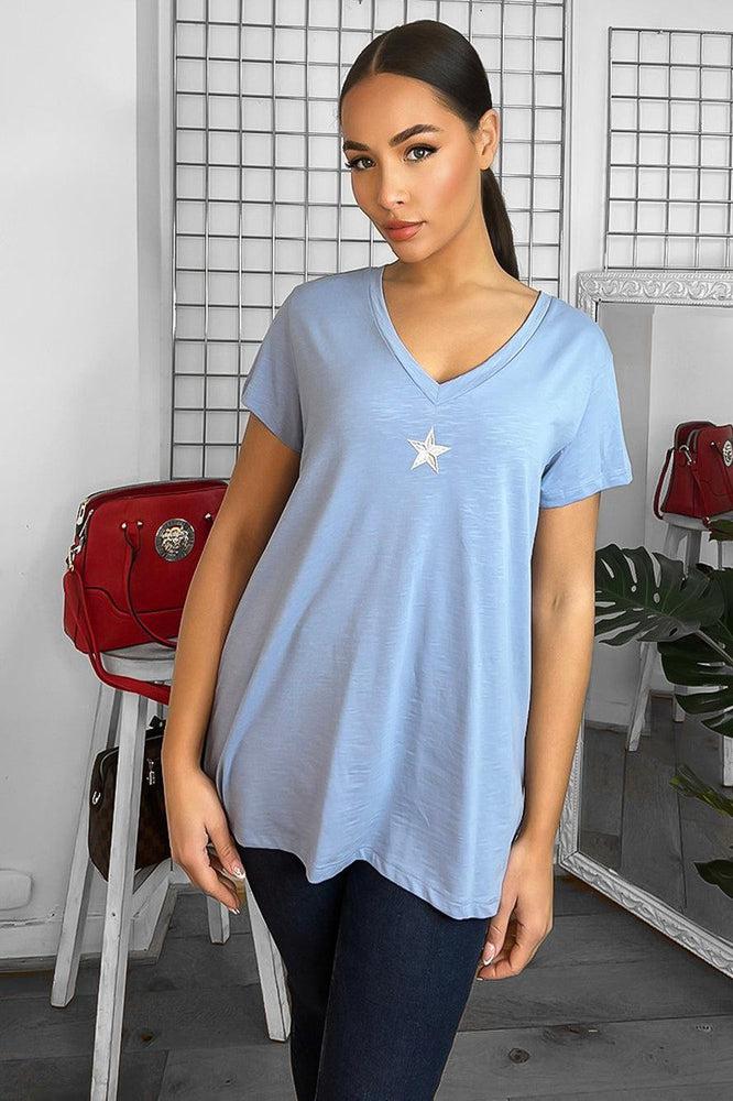 Cotton Blend V-Neck Star Embellishment T-Shirt-SinglePrice