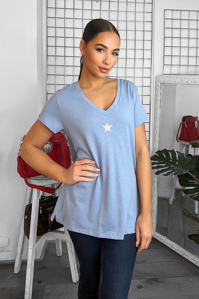 Cotton Blend V-Neck Star Embellishment T-Shirt-SinglePrice