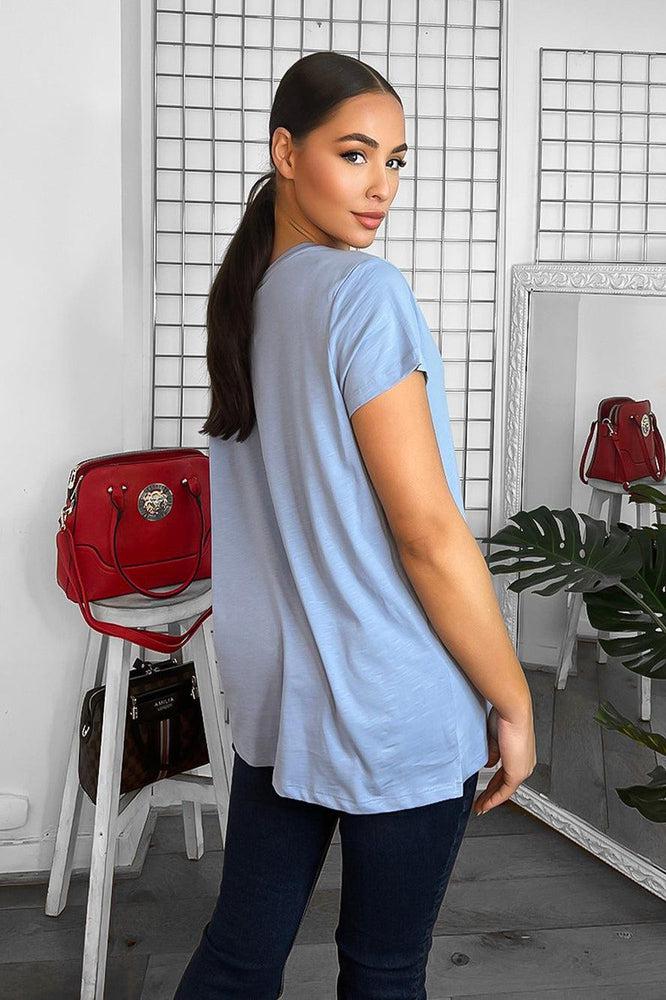 Cotton Blend V-Neck Star Embellishment T-Shirt-SinglePrice