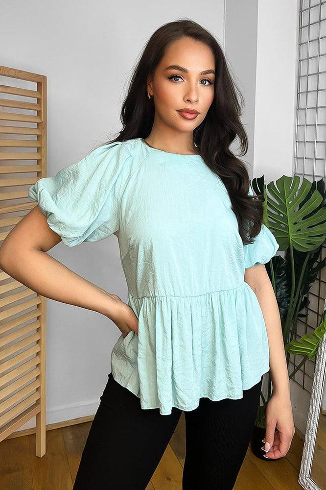 Aqua Crepe Fabric Lantern Sleeves Blouse-SinglePrice