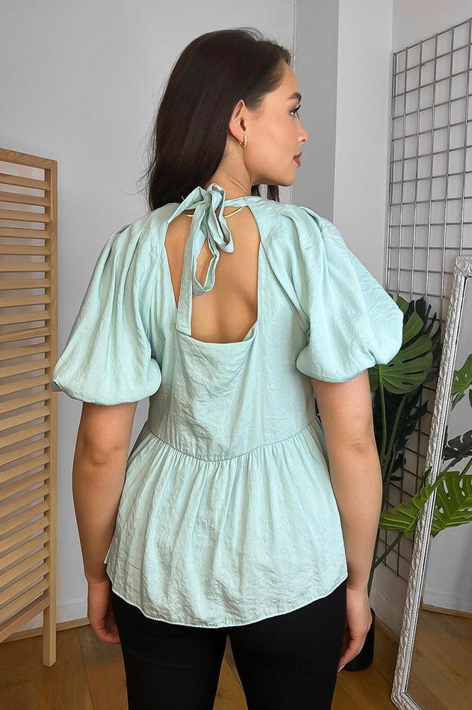 Aqua Crepe Fabric Lantern Sleeves Blouse-SinglePrice