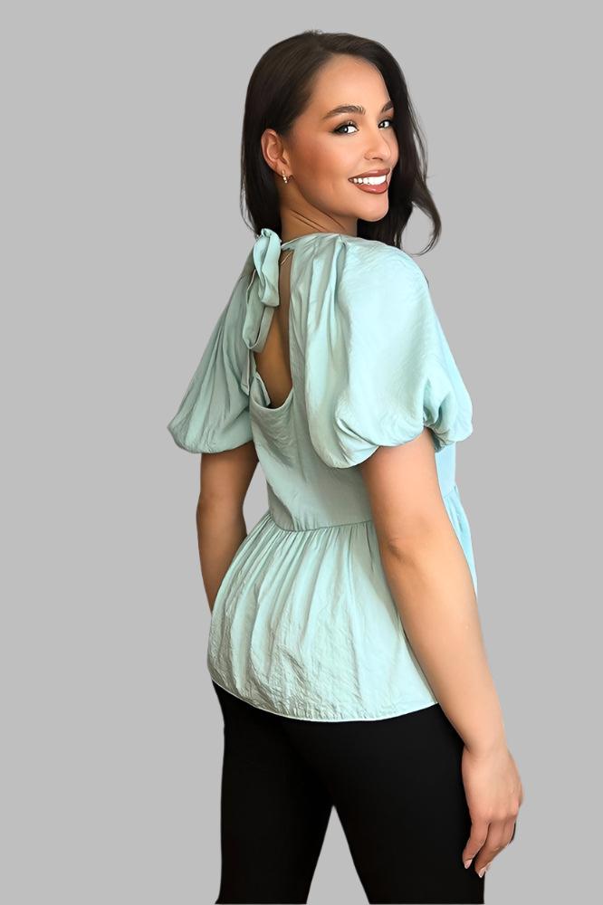 Aqua Crepe Fabric Lantern Sleeves Blouse-SinglePrice