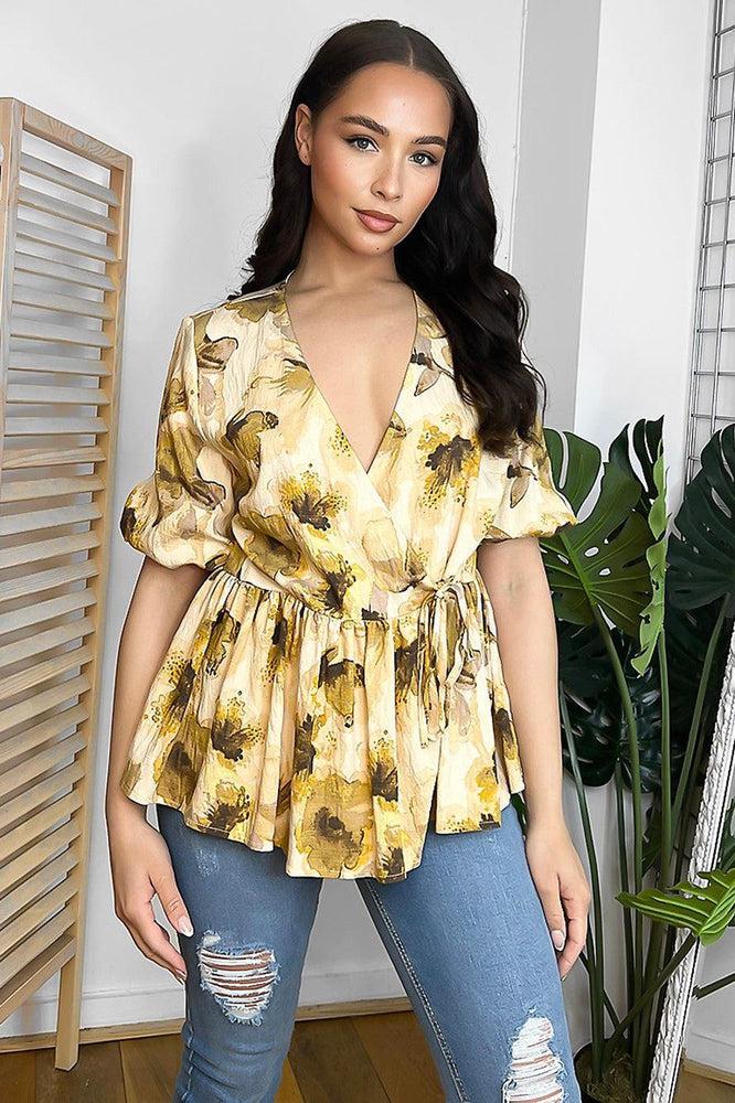 Floral Beige Print V-Neck Blouse-SinglePrice