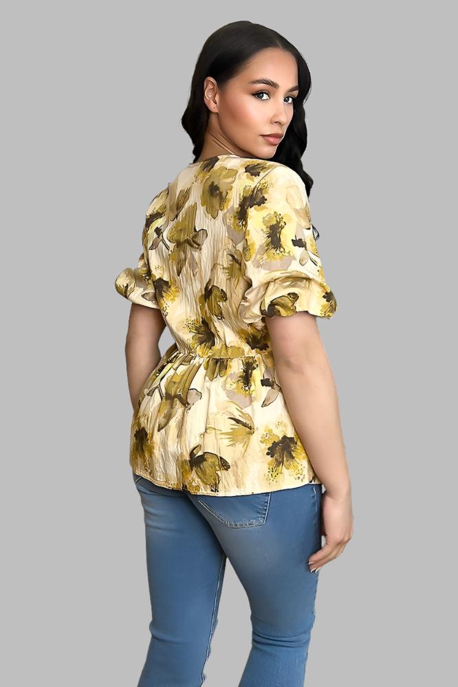 Floral Beige Print V-Neck Blouse-SinglePrice