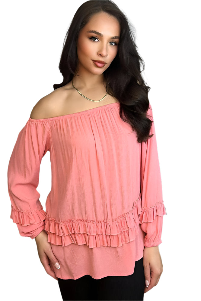 Pink Frilled Details Off Shoulder Blouse-SinglePrice