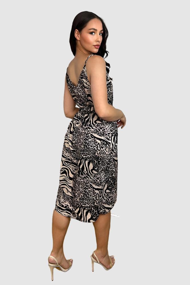 Mixed Leopard Print Strappy Midi Dress-SinglePrice