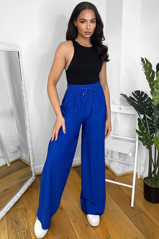 Elastic Drawstring Waist Wide Leg Plisse Trousers-SinglePrice