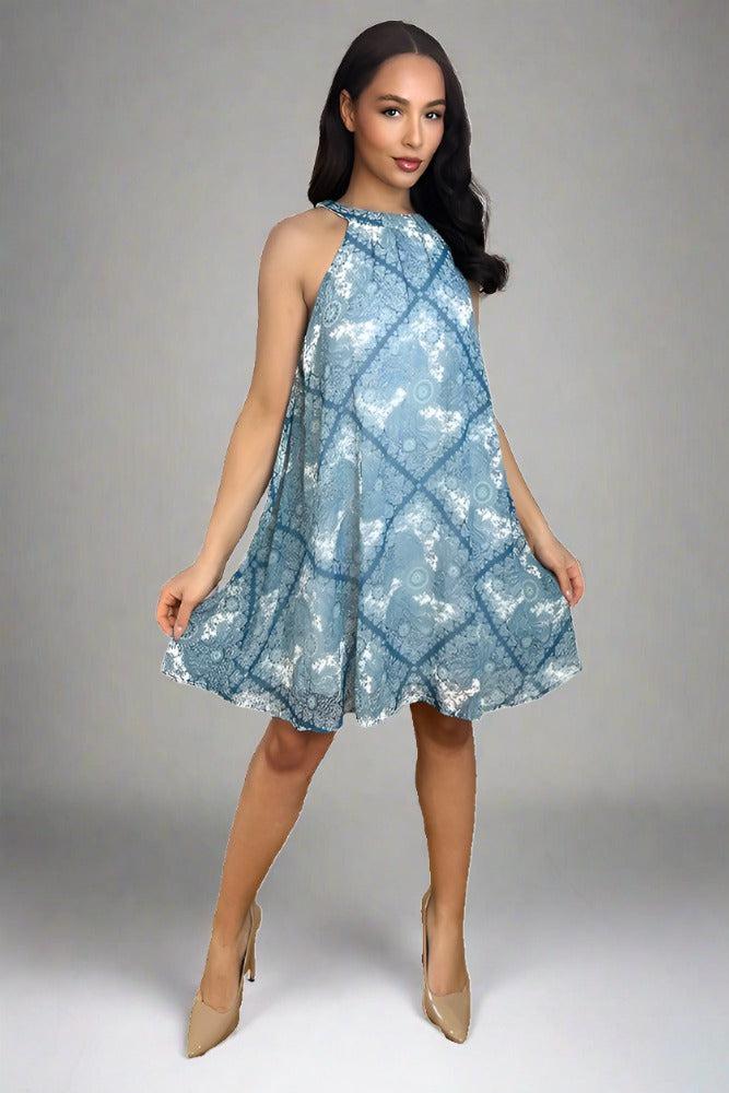 Soft Aqua Paisley Print Sleeveless Dress-SinglePrice
