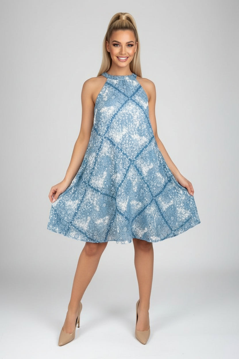 Soft Aqua Paisley Print Sleeveless Dress-SinglePrice