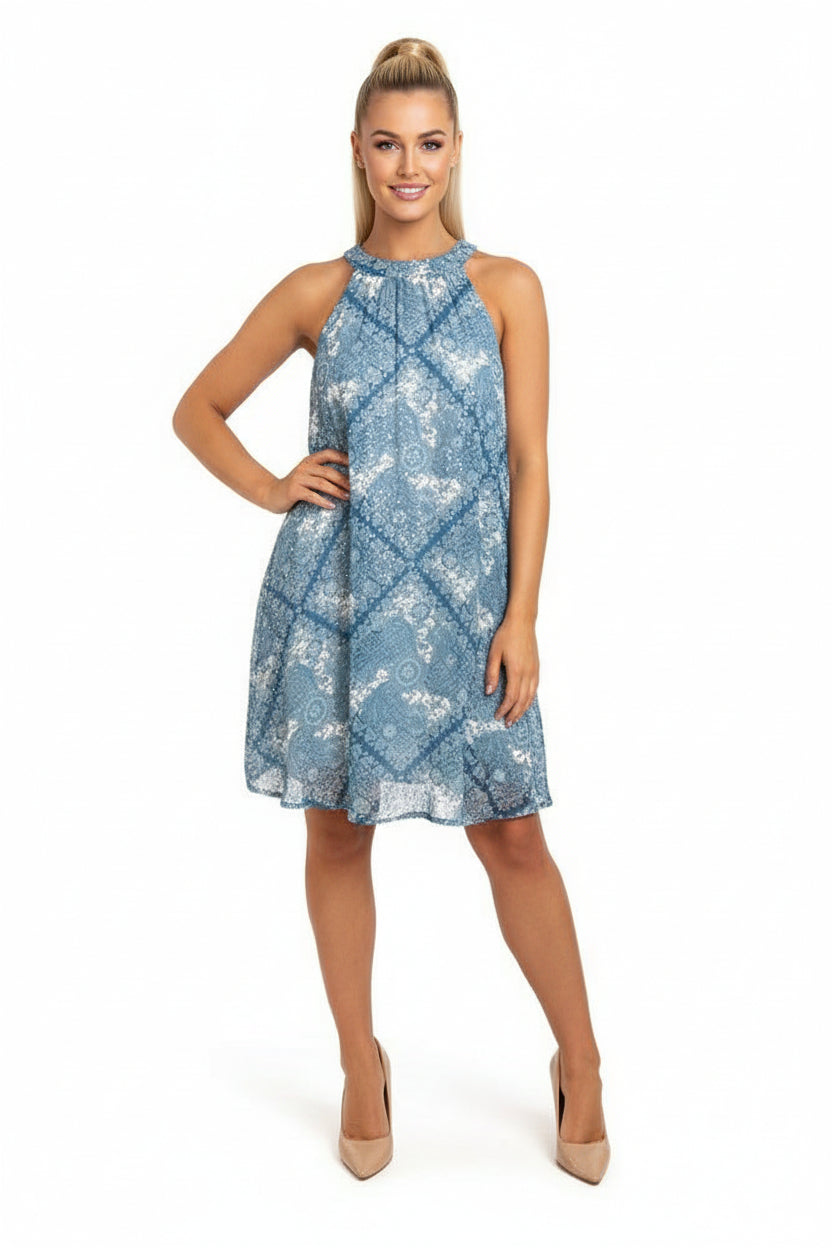 Soft Aqua Paisley Print Sleeveless Dress-SinglePrice