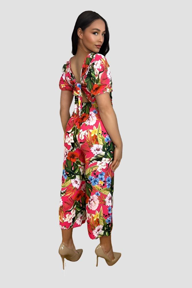Multicolour Floral Print Deep V- Neck Cropped Leg Jumpsuit-SinglePrice