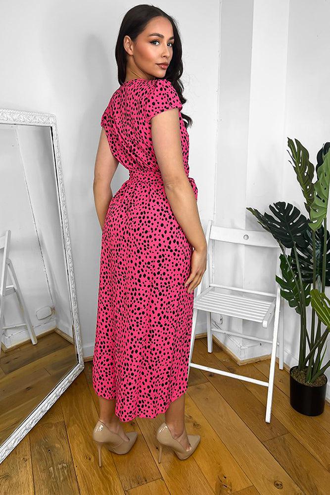 Fuchsia Dotted Print Deep V-Neck Midi Dress-SinglePrice