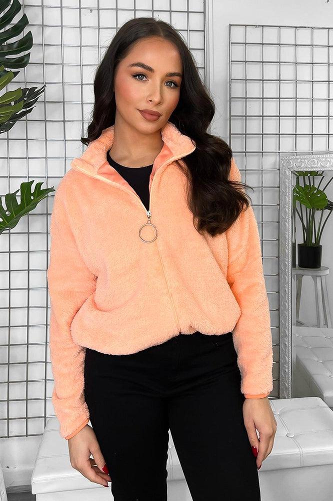 Pull Ring Zip High Neck Teddy Jacket-SinglePrice