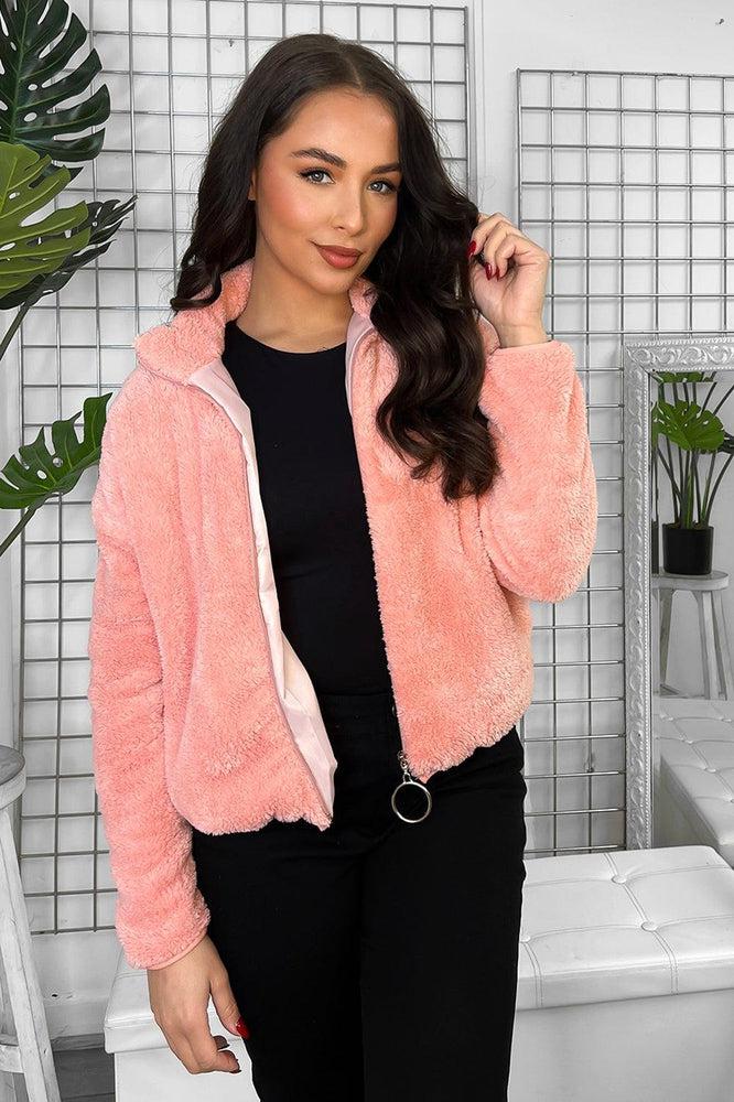 Pull Ring Zip High Neck Teddy Jacket-SinglePrice