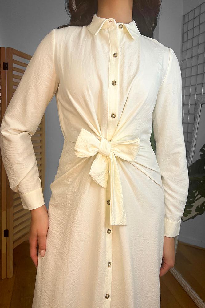 Cream Front Waist Tie Midi Shirt Dress-SinglePrice