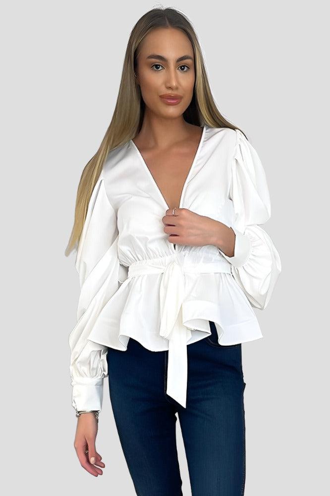 White Deep Plunge Peplum Blouse-SinglePrice