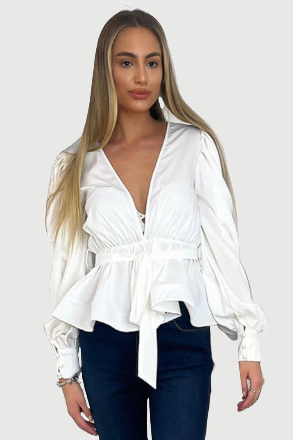 White Deep Plunge Peplum Blouse-SinglePrice