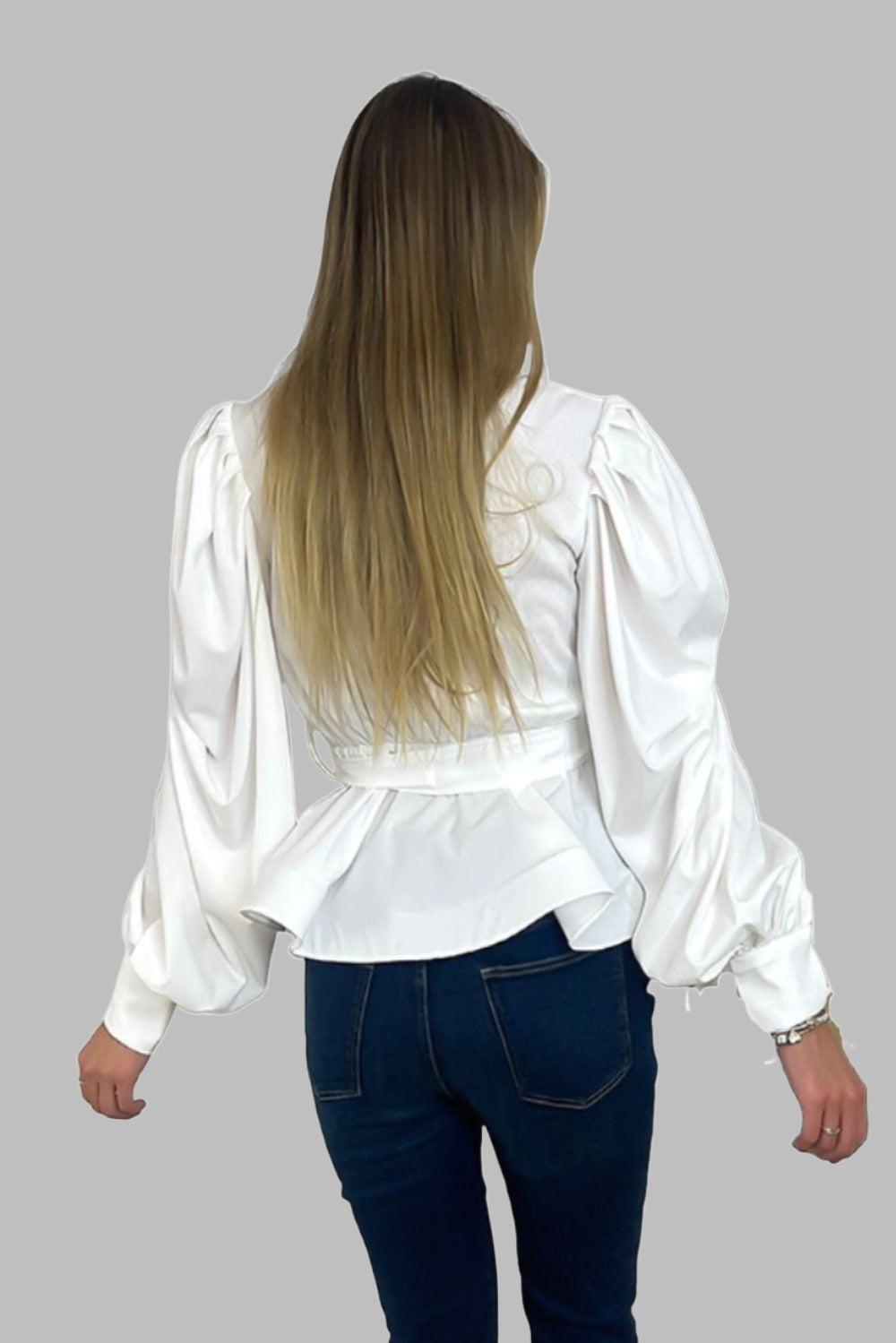 White Deep Plunge Peplum Blouse-SinglePrice