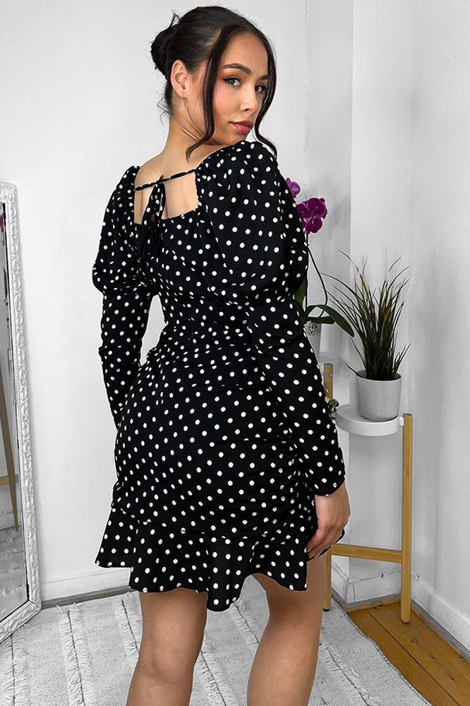 Black Polka Dot Frilled Milkmaid Dress-SinglePrice