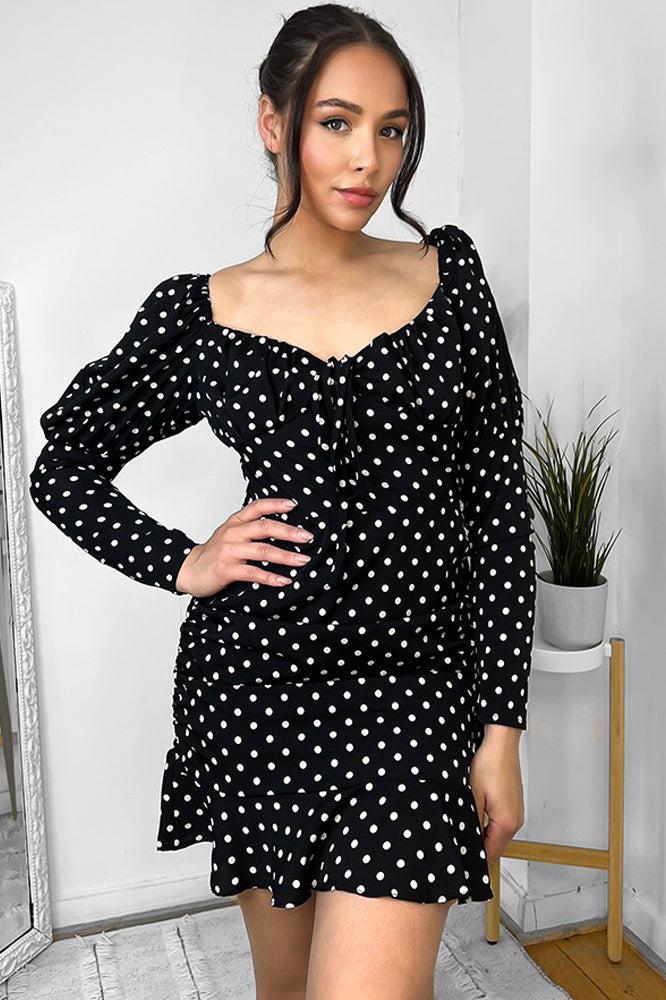 Black Polka Dot Frilled Milkmaid Dress-SinglePrice