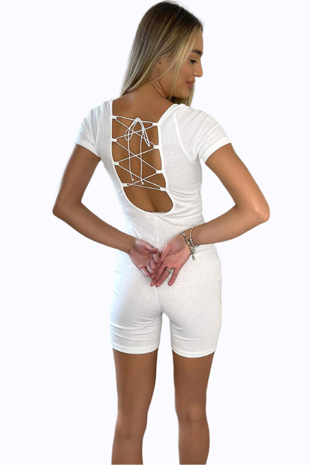 White Cross Lace Back Onesie Playsuit-SinglePrice