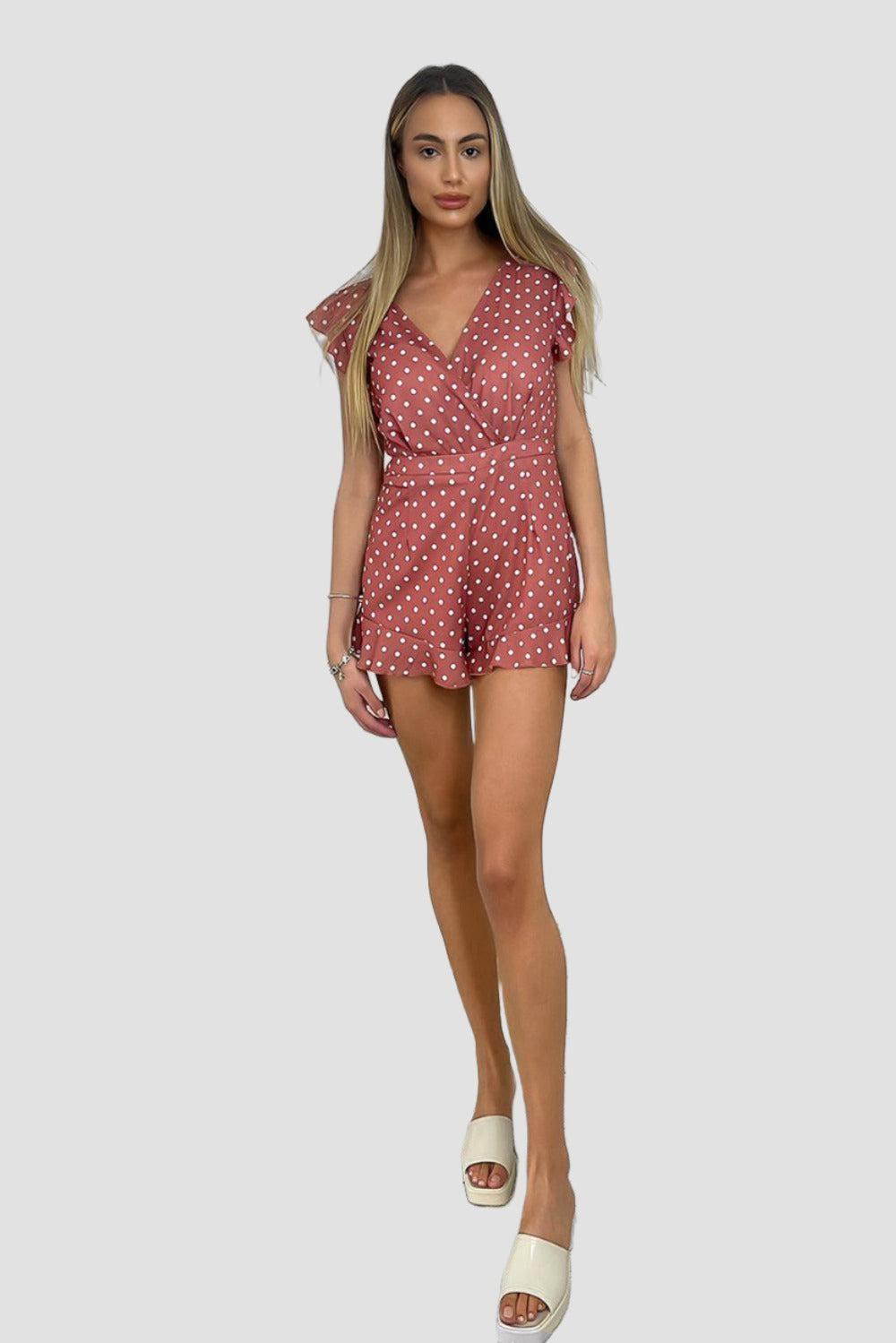 Dusty Pink Polka Dot Frilled Playsuit-SinglePrice