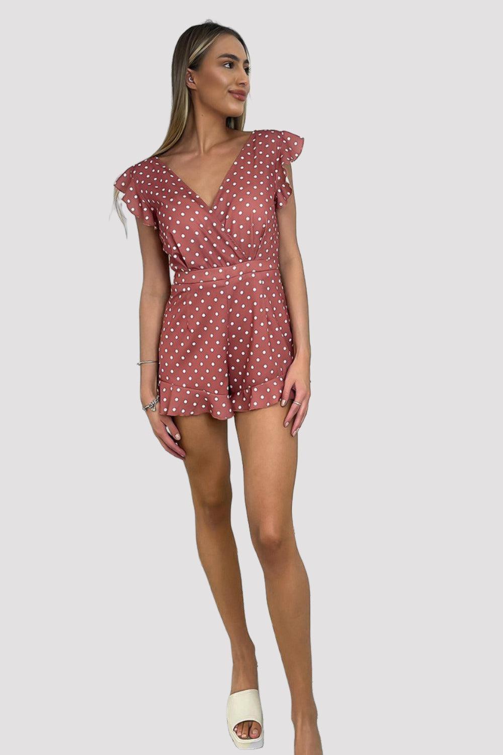 Dusty Pink Polka Dot Frilled Playsuit-SinglePrice