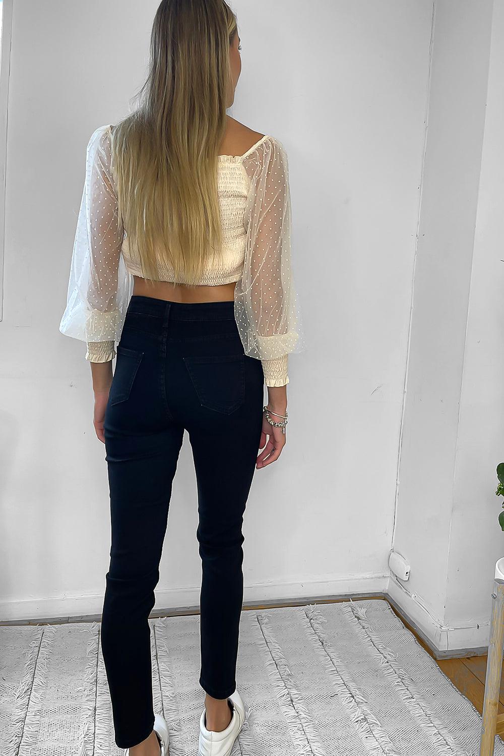 Nude Swiss Dot Sleeves Off Shoulder Blouse-SinglePrice
