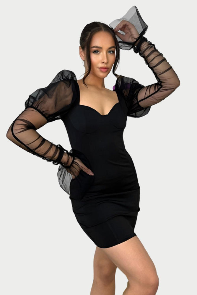 Black Chiffon Sleeves Bodycon Milkmaid Dress-SinglePrice