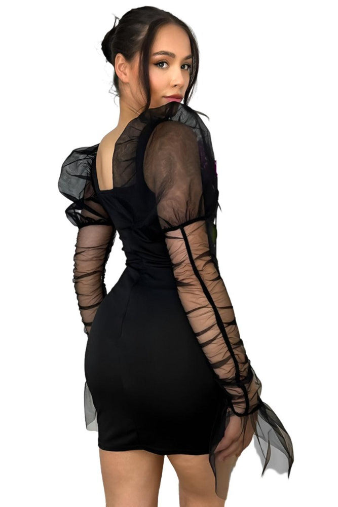 Black Chiffon Sleeves Bodycon Milkmaid Dress-SinglePrice