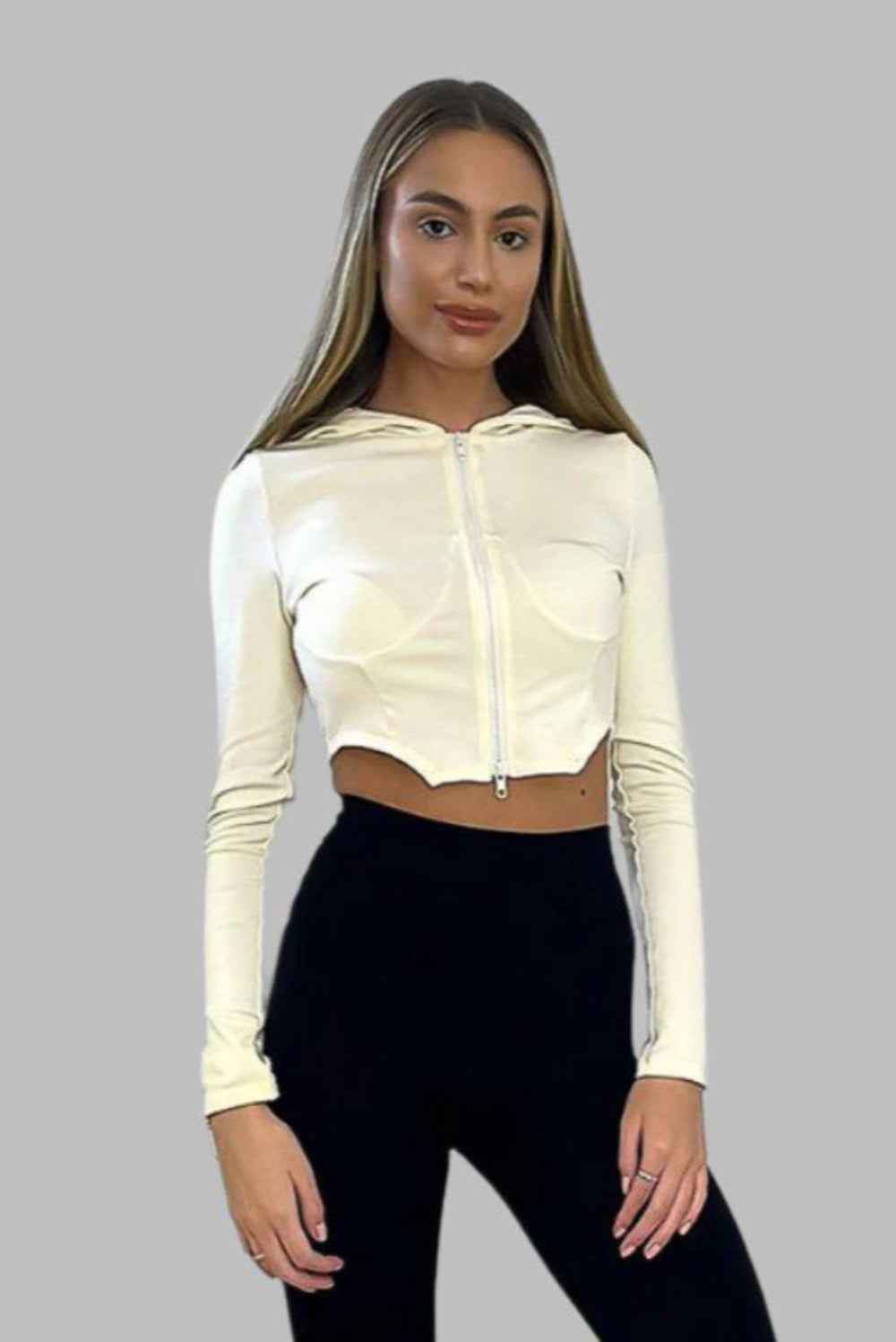 Cream Slinky Stretch Underbust Hoodie-SinglePrice