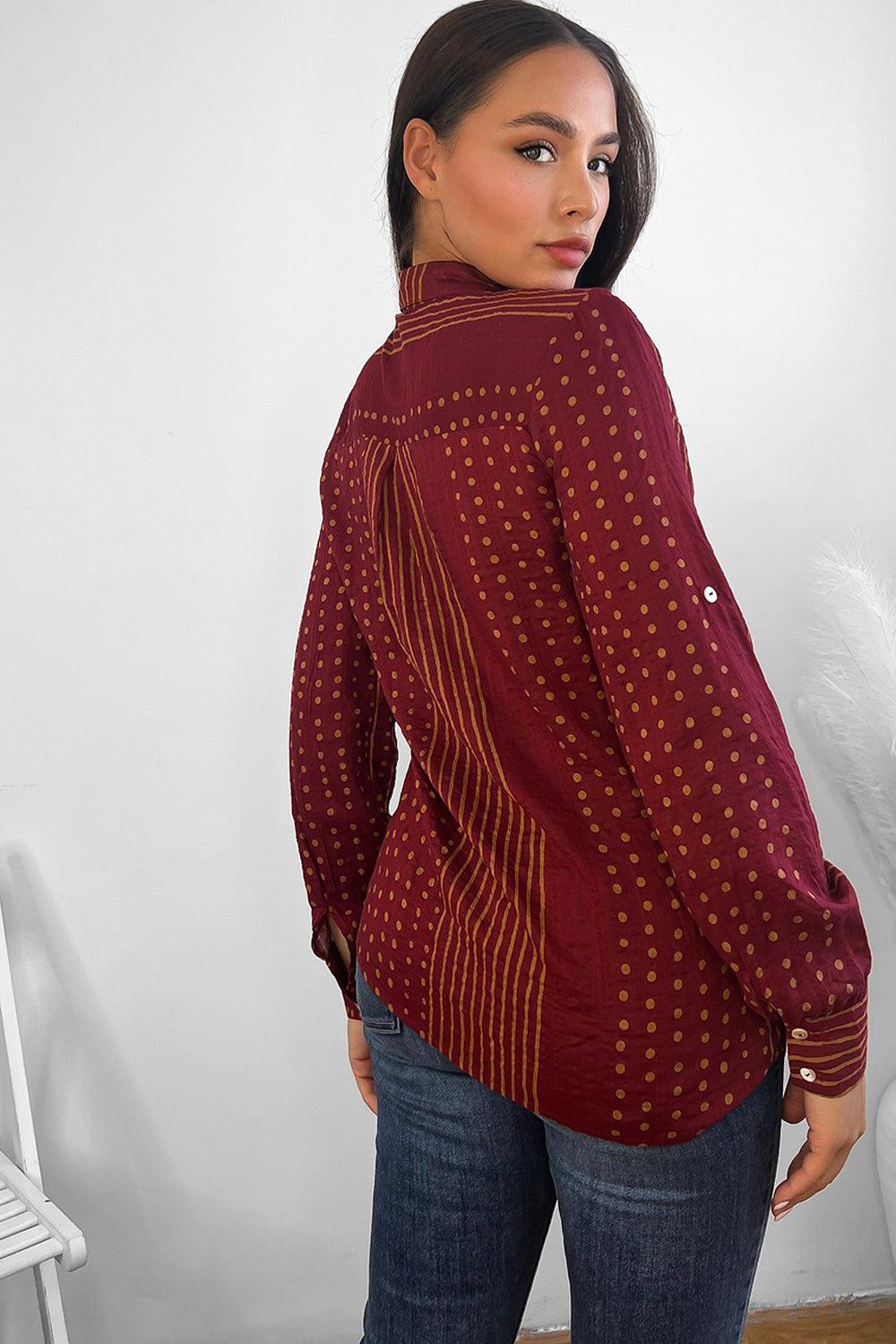 Dark Red In Stripes And Dots Cotton Shirt-SinglePrice