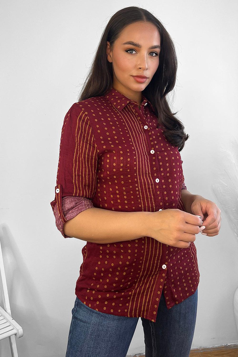 Dark Red In Stripes And Dots Cotton Shirt-SinglePrice