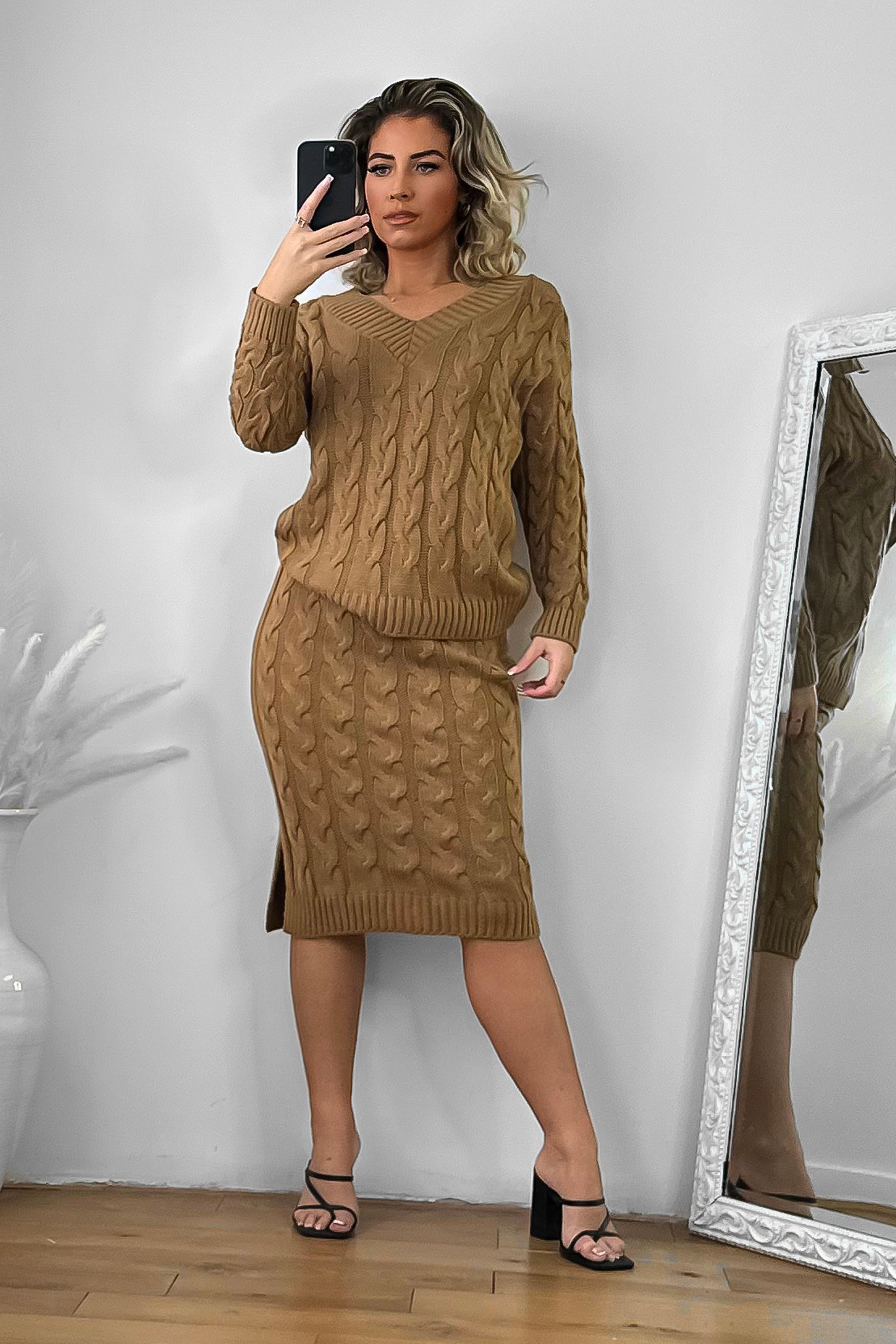 Braided Knit Skirt And Pullover Set-SinglePrice