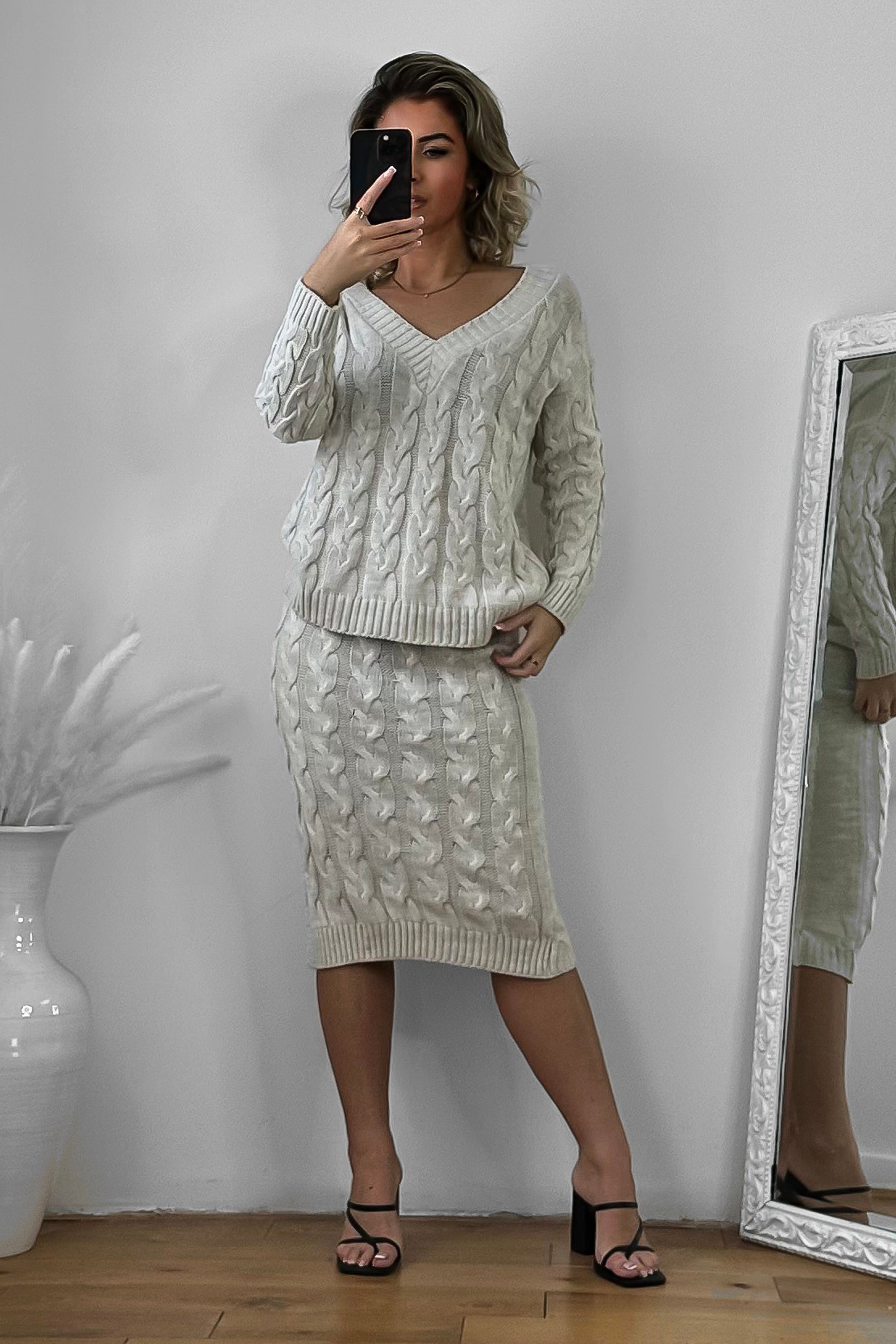 Braided Knit Skirt And Pullover Set-SinglePrice
