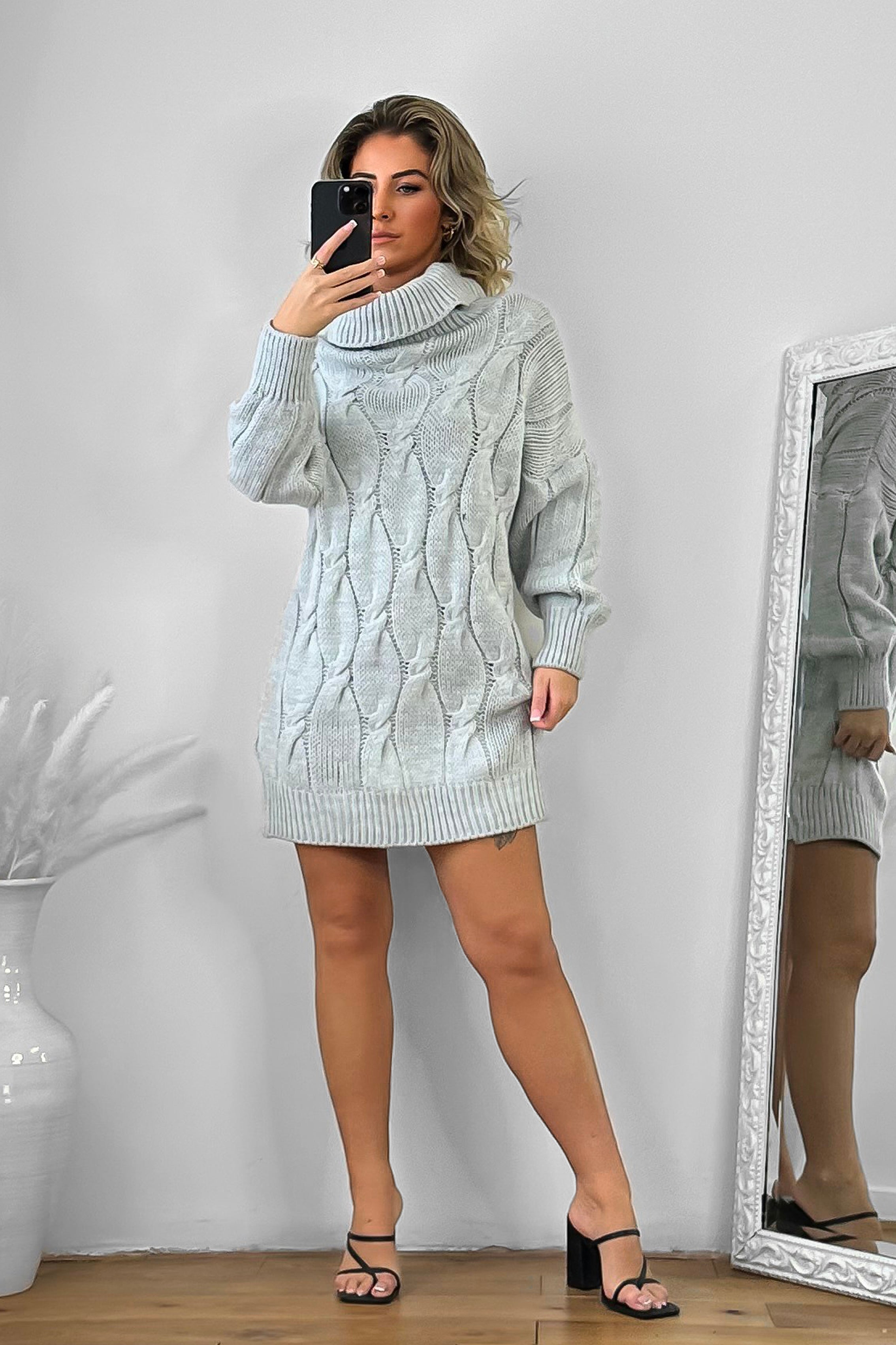 Cowl Neck Braided Pattern Knitted Dress-SinglePrice