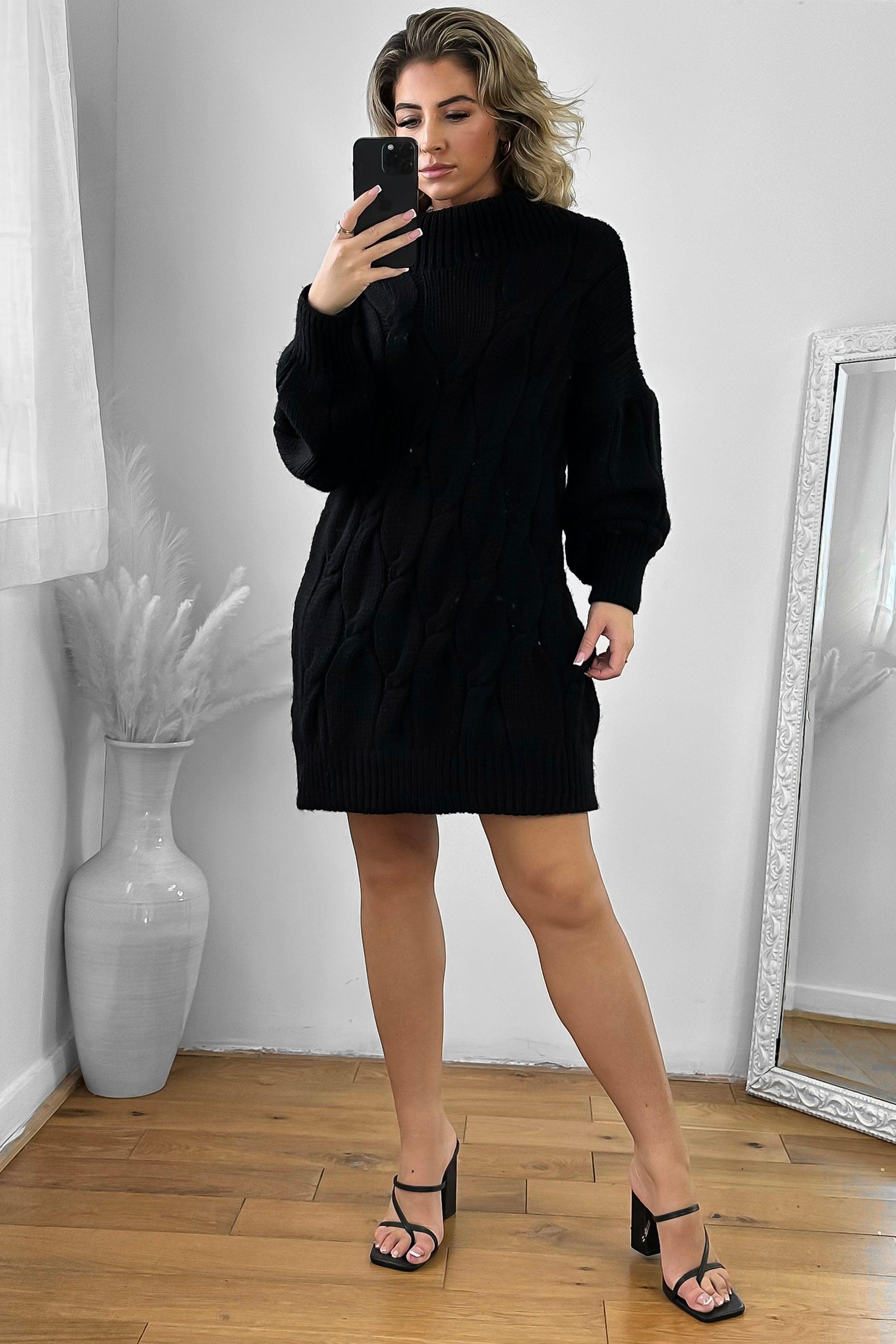 Cowl Neck Braided Pattern Knitted Dress-SinglePrice