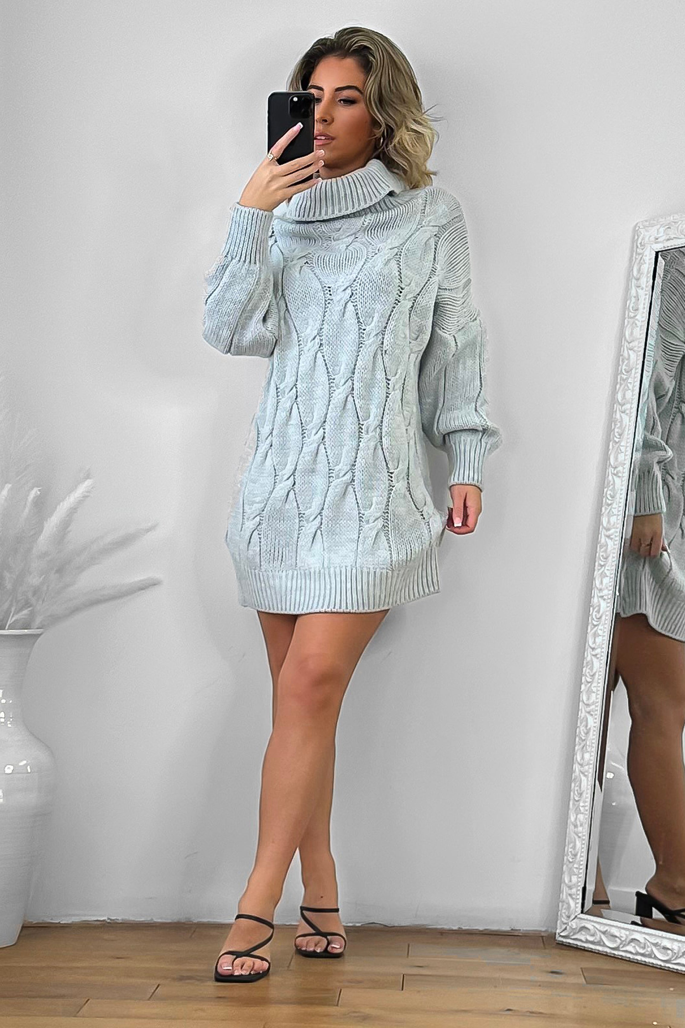 Cowl Neck Braided Pattern Knitted Dress-SinglePrice