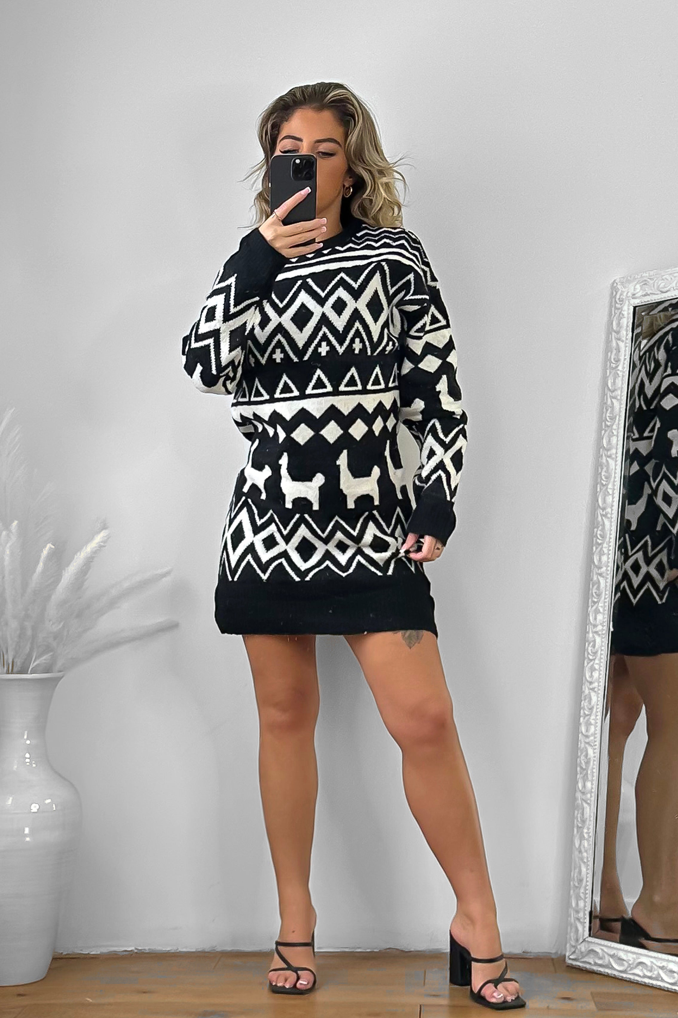 Monochrome Festive Pattern Knitted Dress-SinglePrice