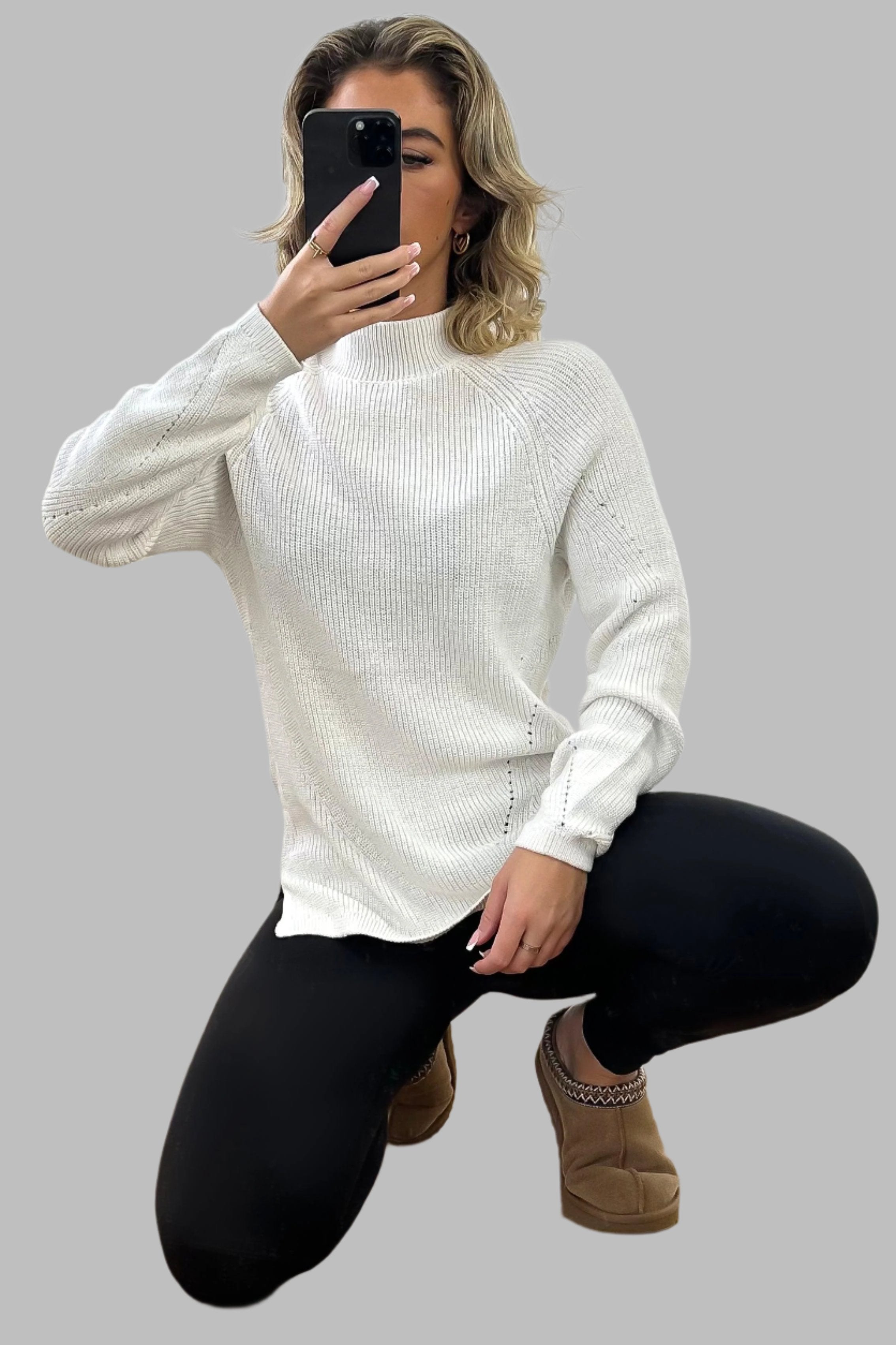 High Neck Perforated Detail Pullover-SinglePrice